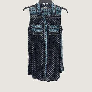 Akemi + Kin‎ Anthropologie Sleeveless Top XS Navy Teal Geometric Button Down